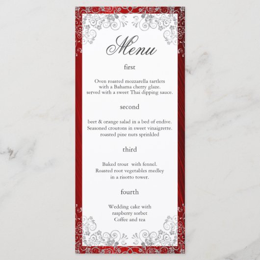 Elegant Ruby Red Four Course Wedding Menu (Voorkant)