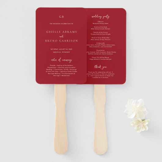 Elegant Ruby Red Modern Wedding Program Handwaaier (Voorkant en achterkant)
