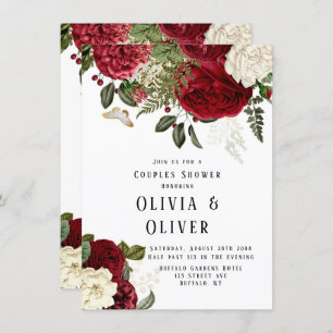 Elegant Ruby Red Peonies Couples Shower Kaart