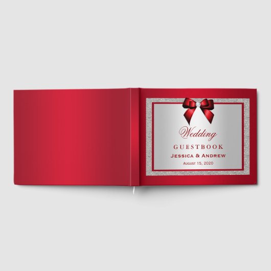 Elegant Ruby Red & Silver Glitter Wedding Gastenboek (Volledig)