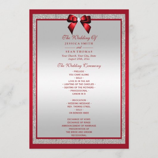 Elegant Ruby Red & Silver Glitter Wedding Programma (Voorkant)