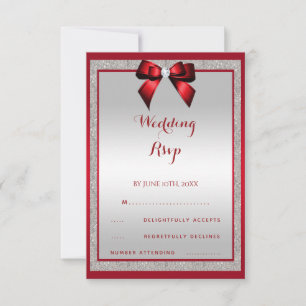 Elegant Ruby Red & Silver Glitter Wedding RSVP Kaartje