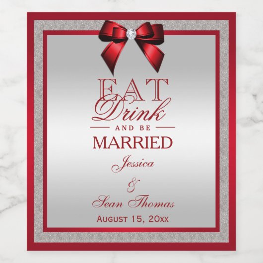 Elegant Ruby Red & Silver Glitter Wedding Wijn Etiket (Enkel label)