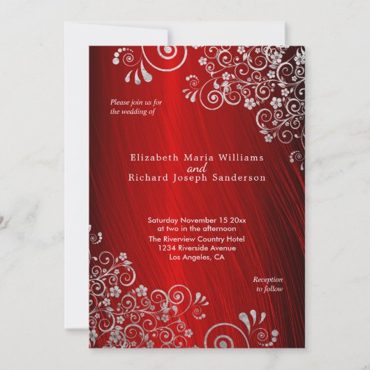 Elegant Ruby Red Silver Gray Swirls Wedding Kaart (Voorkant)