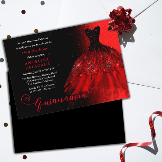 Elegant Ruby Red Spanish Gown Quinceañera Kaart