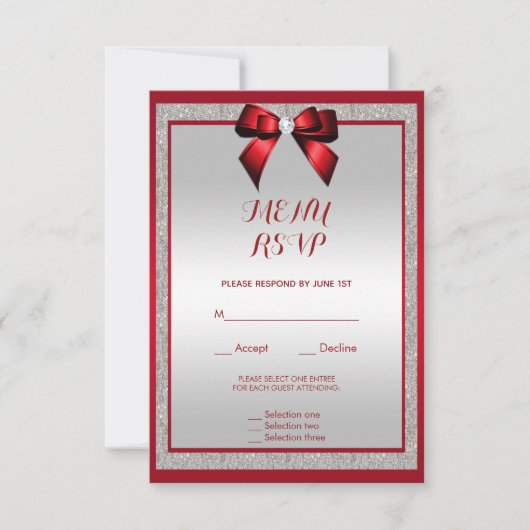 Elegant Ruby Rood & Zilver Glitter Bruiloft Menu (Voorkant)