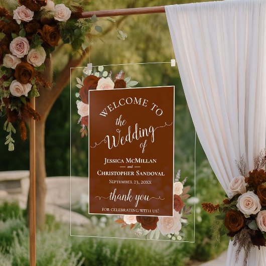 Elegant Rust Orange Boho Roses Wedding Welcome Acryl Bord