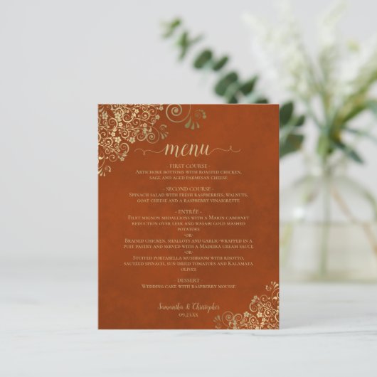 Elégant Rust Orange & Gold Budget Mariage Menu (Debout devant)