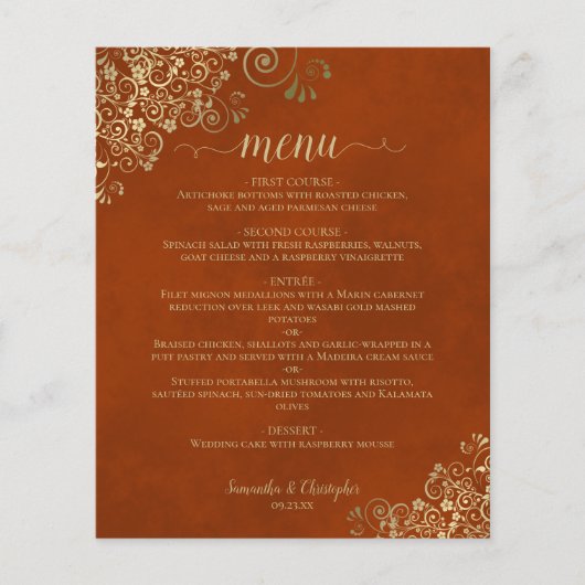 Elégant Rust Orange & Gold Budget Mariage Menu (Devant)