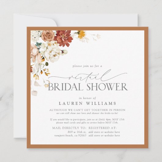 Elegant Rust Oranje Waterverf Virtual Shower Invi Kaart (Voorkant)