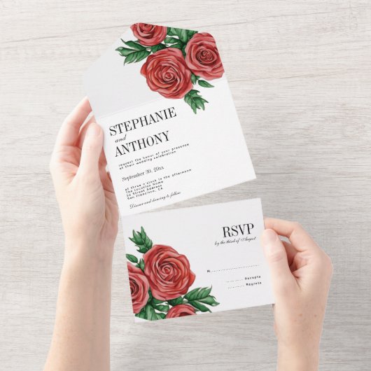 Elegant Rust Rood en Salie Bloemen Rozen Bruiloft All In One Uitnodiging (Afscheurbaar)