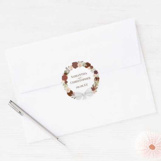 Elegant Rust Waterverf Rozen Wreath Fall Wedding Ronde Sticker (Envelop)