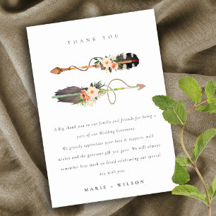 Elegant Rustic Boho Feather Floral Arrow Wedding Bedankkaart
