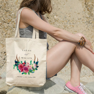 Elegant Rustic Boho Floral Stag Antlers Weddenscha Tote Bag