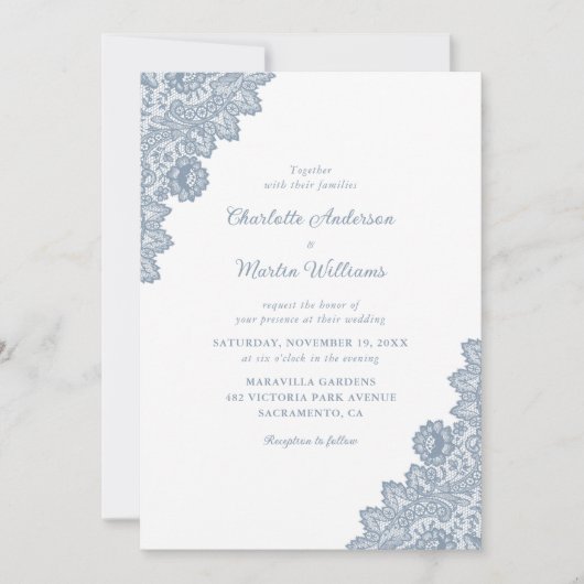 Elegant Rustic Dusty Blue Lace Wedding Invitations Kaart (Voorkant)