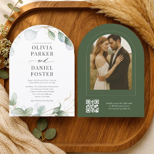 Elegant Rustic Eucalyptus QR Code Photo Wedding Kaart