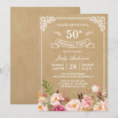 Elegant  Rustic Floral Kraft Birthday Party Kaart (Voorkant / Achterkant)