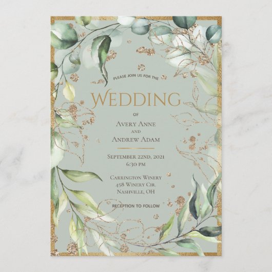 Elegant Rustic Gold Eucalyptus Wedding Kaart (Voorkant)