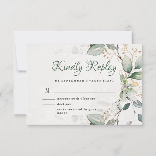 Elegant Rustic Gold Greenery Eucalyptus Modern RSVP Kaartje (Voorkant)