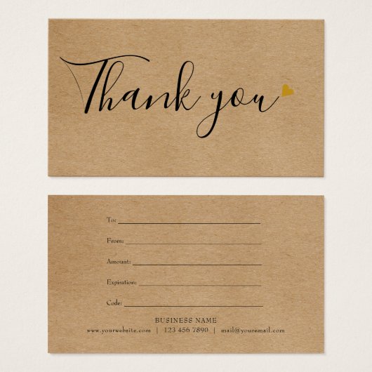 Élégant Rustic Gold Heart Script certificat cadeau (Devant & derrière)