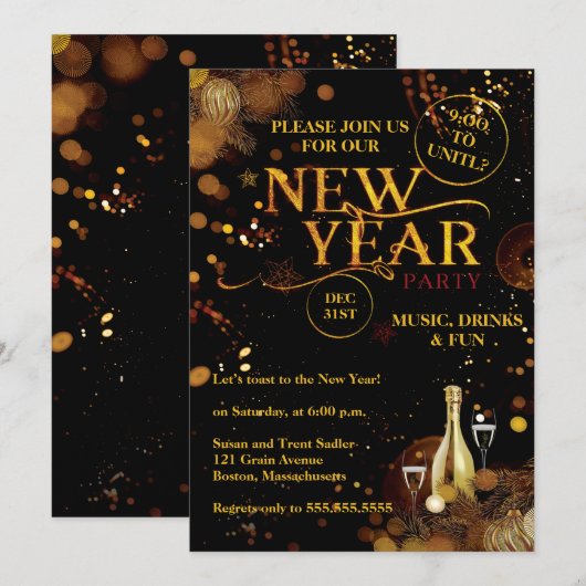 Elegant Rustic Gold New Years Eve Party Kaart (Voorkant / Achterkant)