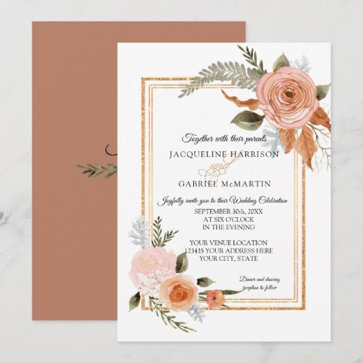 Elegant Rustic Herfst Floral Copper Gold Wedding Kaart (Voorkant / Achterkant)