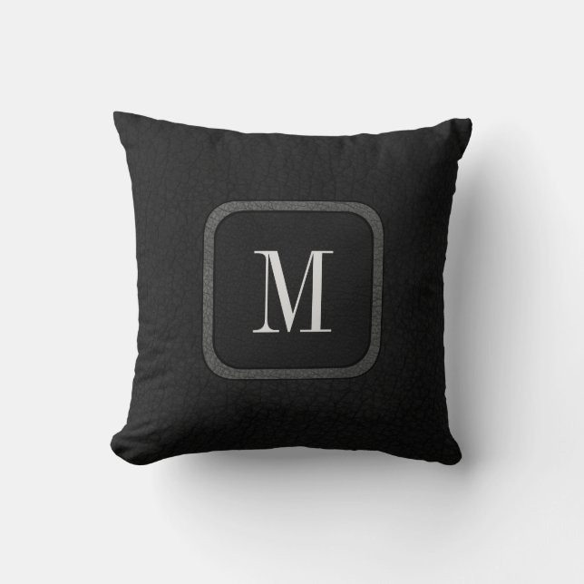 Elegant Rustic  Leather Black Gray Monogram Kussen (Voorkant)