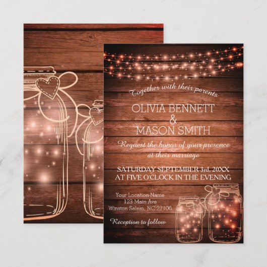Elegant Rustic Mason Jar Lights Wedding Uitnodigin Kaart (Voorkant / Achterkant)