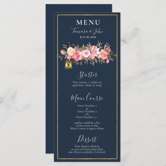 Elegant Rustic Navy Blue Coral Lights Menu (Voorkant / Achterkant)