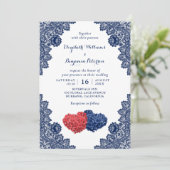 Elegant Rustic Navy Blue en Red Floral Wedding Kaart (Staand voorkant)
