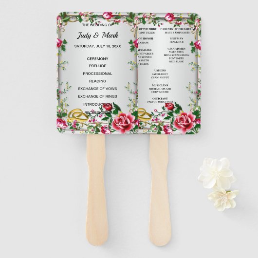 Elegant Rustic Red Roses Wedding Program Fans Handwaaier (Voorkant en achterkant)