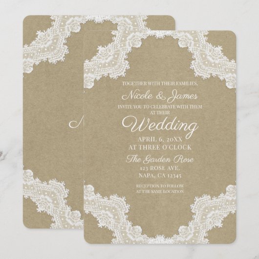 Elegant Rustic Romance White Lace & Kraft Wedding Kaart (Voorkant / Achterkant)