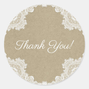 Elegant Rustic Romance White Lace & Kraft Wedding Ronde Sticker