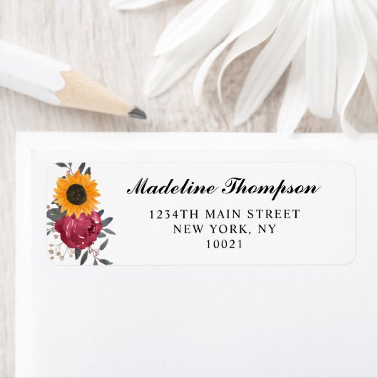 Elegant Rustic Sunflower Burgundy Script Etiket (Insitu)