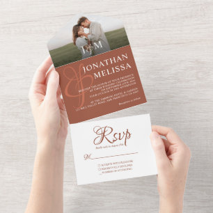 Elegant Rustic Terracotta Monogram Weddenschap All In One Uitnodiging