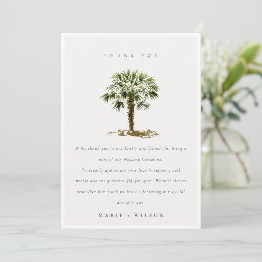 Elegant Rustic Tropical Beach Palm Trees Wedding Bedankkaart (Staand voorkant)