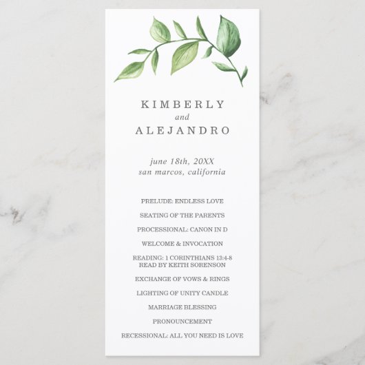Elegant Rustic Waterverf Greenery Wedding Programma (Voorkant)