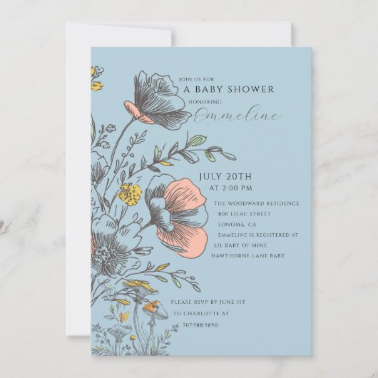 Elegant Rustic Wildflower Blue Baby Shower Kaart (Voorkant)