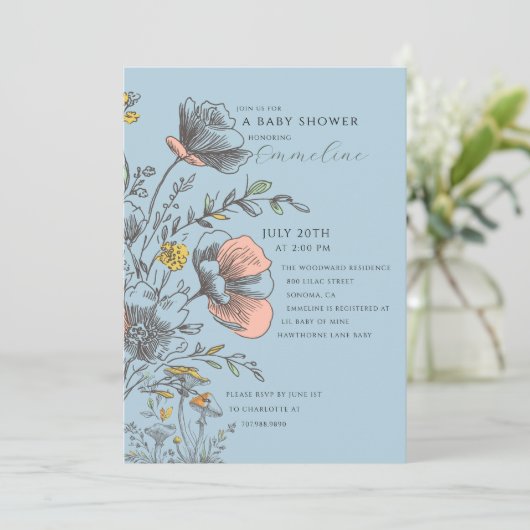 Elegant Rustic Wildflower Blue Baby Shower Kaart (Staand voorkant)