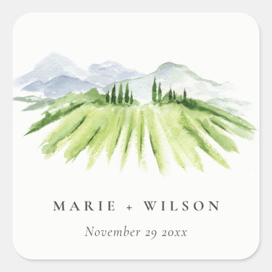 Elegant Rustic Winery Vineyard Mountain Wedding Vierkante Sticker (Voorkant)