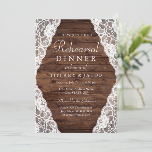 Elegant Rustic Wood Lace Rehearsal Dinner Kaart