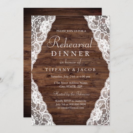 Elegant Rustic Wood Lace Rehearsal Dinner Kaart (Voorkant / Achterkant)