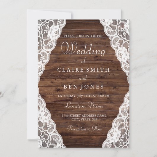 Elegant  Rustic Wood Lace Wedding Invite Kaart (Voorkant)