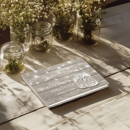 Elegant Rustic Wood Mason Jar String Light Wedding Gastenboek
