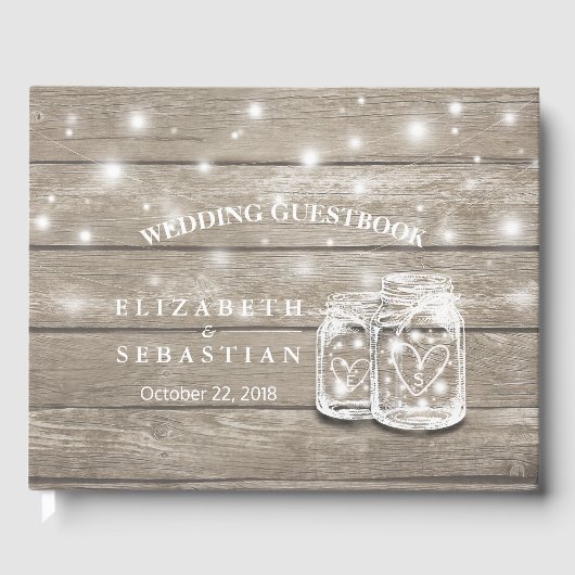 Elegant Rustic Wood Mason Jar String Light Wedding Gastenboek (Voorkant)