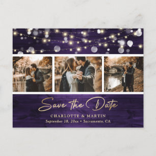 Elegant Rustic Wood Paars Gold Foil Weduwfoto Aankondigingskaart