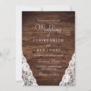 Elegant Rustic Wood White Lace Wedding Invite Kaart