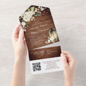 Elegant Rustic Wood White Roses Wedding QR code All In One Uitnodiging (Afscheurbaar)
