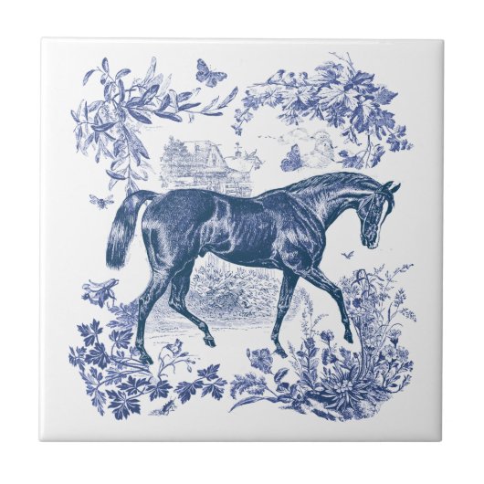 Elegant Rustiek Blauw Paard Bloementoilet Tegeltje (Voorkant)