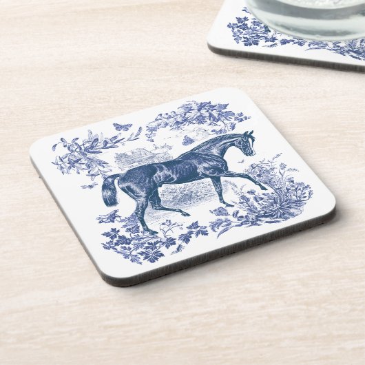 Elegant  Rustiek Blauw Paard Country Toile Bier Onderzetter (Linkerzijde)